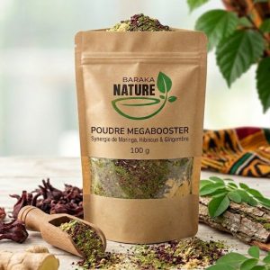 Poudre Megabooster – Moringa, Hibiscus & Gingembre – Énergie Pure et Vitalité Naturelle | 100g