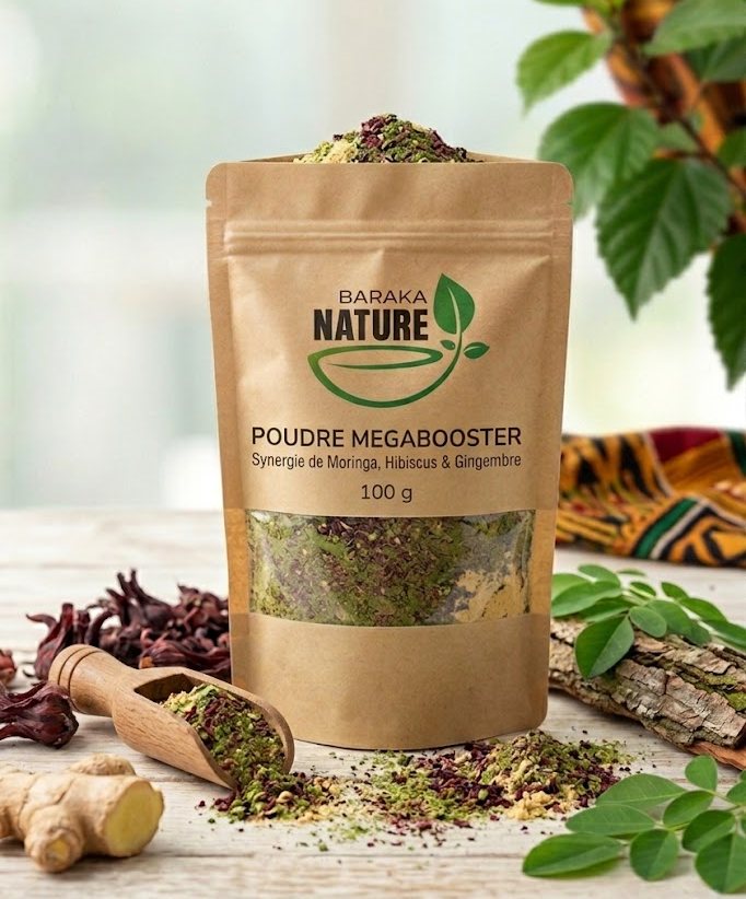 Poudre Megabooster – Moringa, Hibiscus & Gingembre – Énergie Pure et Vitalité Naturelle | 100g